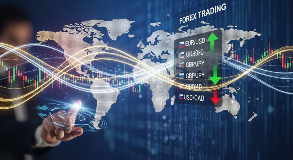 a finger touching a screen with a world map and a chart