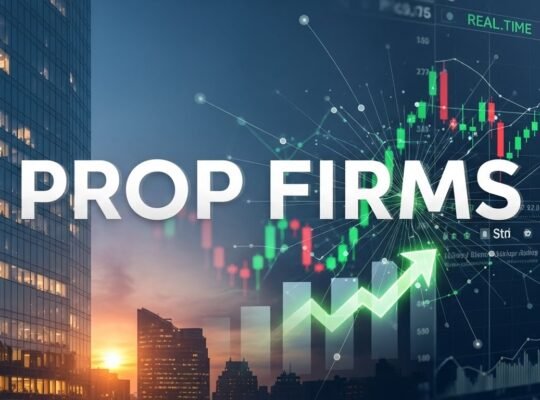 a city skyline with a graph and a green arrow